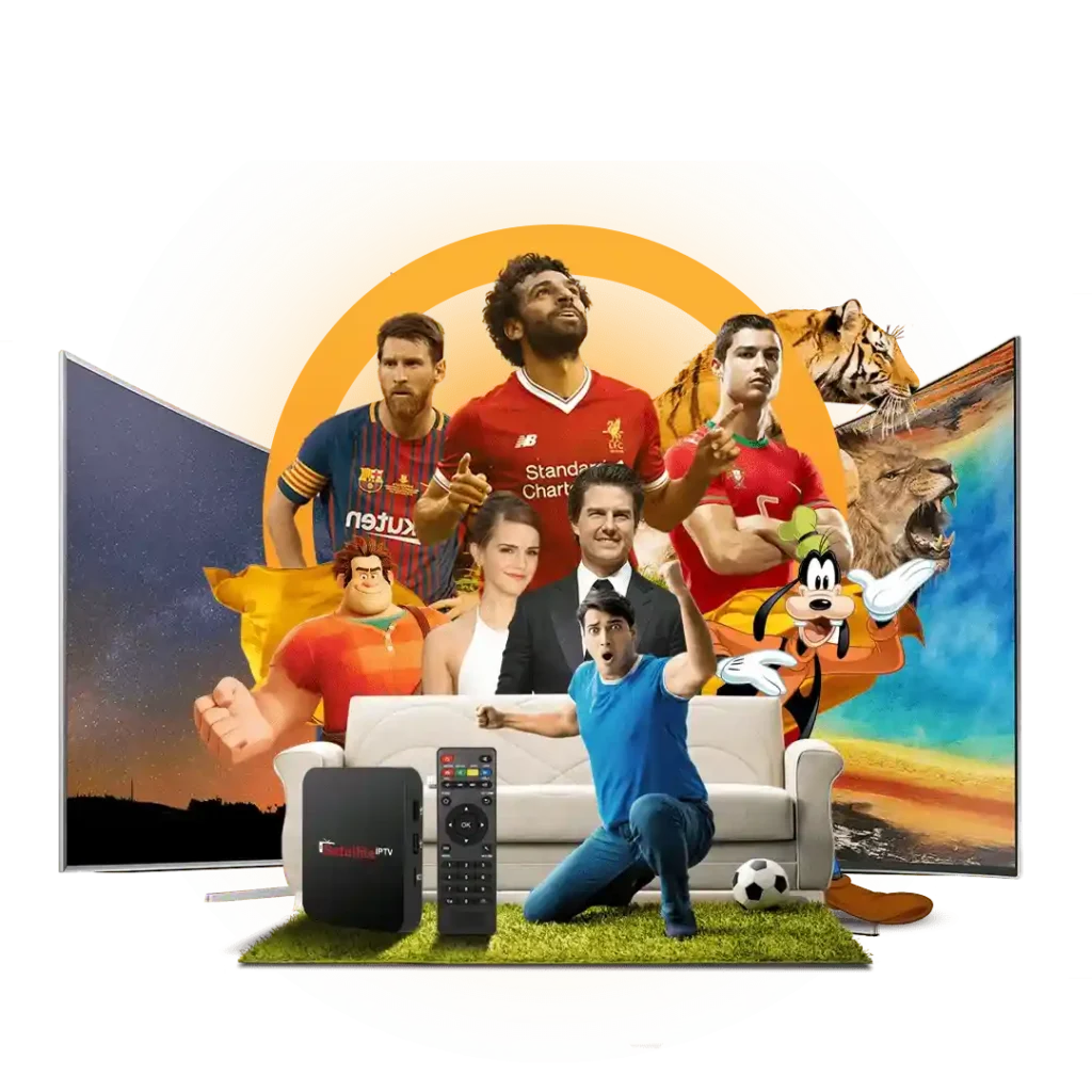 IPTV Romania with sports, movies, cartoons, and entertainment channels – featuring top football players, TV characters, and wildlife documentaries